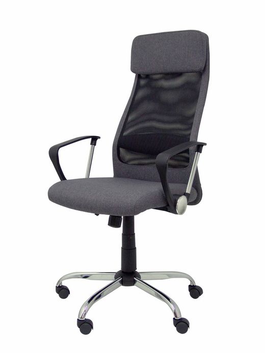 FORÖL Modelo  Esteras- Silla de dirección ergonómica con mecanismo basculante, brazos fijos y regulable en altura - Respaldo de malla transpirable con cabecero y asiento tapizado en tela color gris.