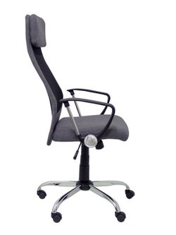 FORÖL Modelo  Esteras- Silla de dirección ergonómica con mecanismo basculante, brazos fijos y regulable en altura - Respaldo de malla transpirable con cabecero y asiento tapizado en tela color gris.