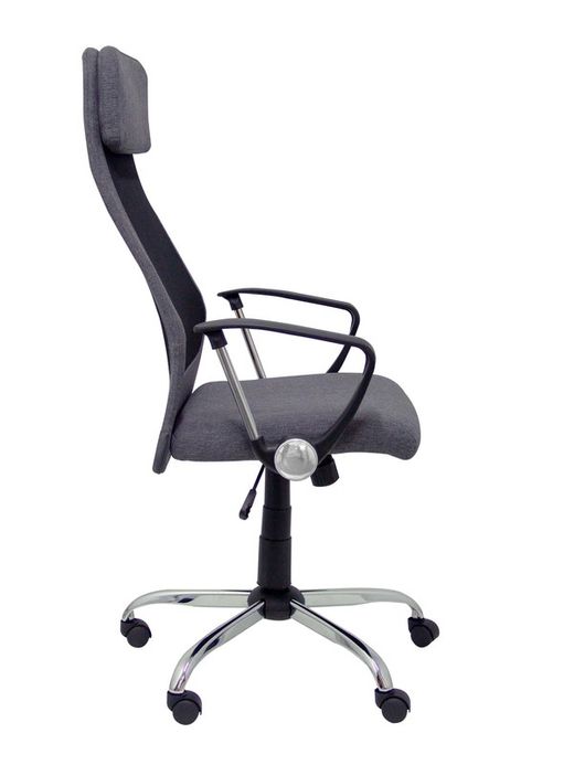 FORÖL Modelo  Esteras- Silla de dirección ergonómica con mecanismo basculante, brazos fijos y regulable en altura - Respaldo de malla transpirable con cabecero y asiento tapizado en tela color gris.