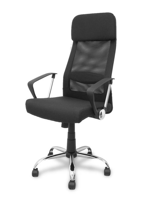 FORÖL Modelo  Esteras- Silla de dirección ergonómica con mecanismo basculante, brazos fijos y regulable en altura - Respaldo de malla transpirable con cabecero y asiento tapizado en tela color negro.