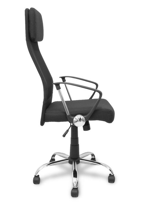 FORÖL Modelo  Esteras- Silla de dirección ergonómica con mecanismo basculante, brazos fijos y regulable en altura - Respaldo de malla transpirable con cabecero y asiento tapizado en tela color negro.