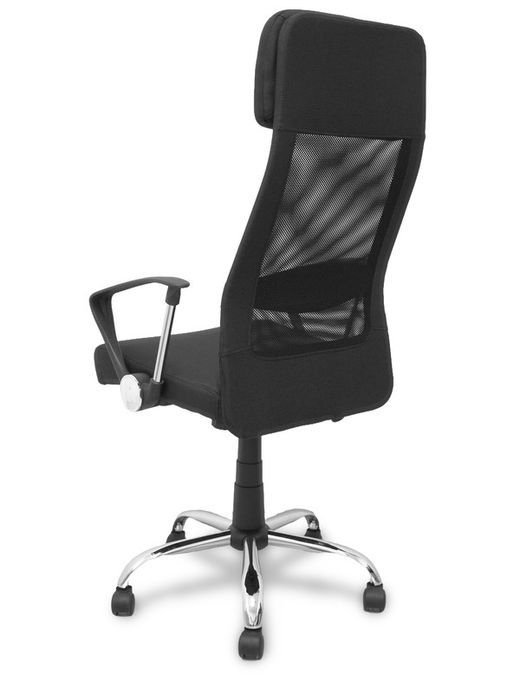 FORÖL Modelo  Esteras- Silla de dirección ergonómica con mecanismo basculante, brazos fijos y regulable en altura - Respaldo de malla transpirable con cabecero y asiento tapizado en tela color negro.
