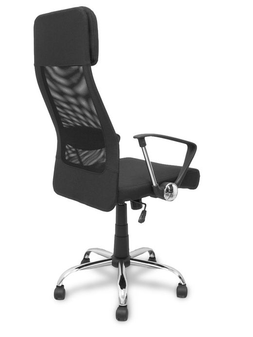 FORÖL Modelo  Esteras- Silla de dirección ergonómica con mecanismo basculante, brazos fijos y regulable en altura - Respaldo de malla transpirable con cabecero y asiento tapizado en tela color negro.