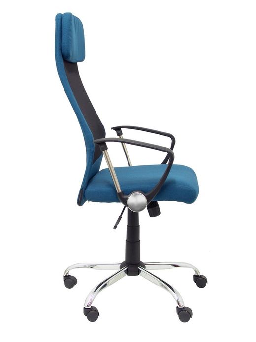 FORÖL Modelo  Esteras- Silla de dirección ergonómica con mecanismo basculante, brazos fijos y regulable en altura - Respaldo de malla transpirable con cabecero y asiento tapizado en tela color turquesa.