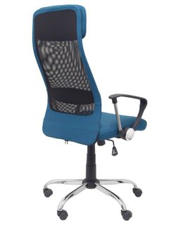FORÖL Modelo  Esteras- Silla de dirección ergonómica con mecanismo basculante, brazos fijos y regulable en altura - Respaldo de malla transpirable con cabecero y asiento tapizado en tela color turquesa.