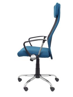 FORÖL Modelo  Esteras- Silla de dirección ergonómica con mecanismo basculante, brazos fijos y regulable en altura - Respaldo de malla transpirable con cabecero y asiento tapizado en tela color turquesa.
