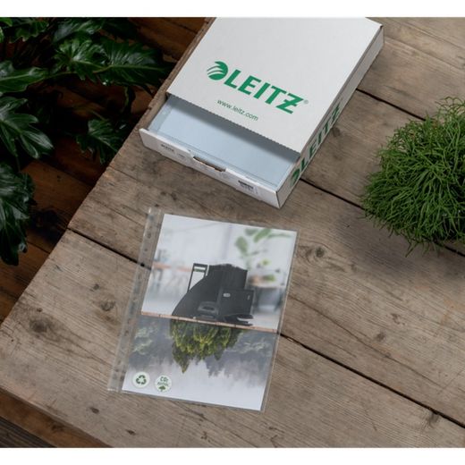 Funda portadocumentos (Caja 100). PP "Piel de naranja" con refuerzo. 100 micras. Leitz Recycle. DIN A4. 11 taladros