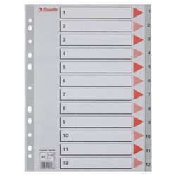 Índice multitaladro Esselte. DIN A4. Cartulina índice color. Pestañas 1-12 PP, gris
