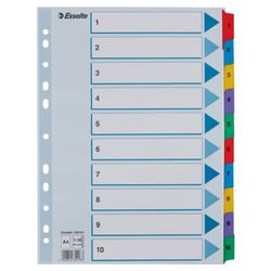 Índice multitaladro Esselte. DIN A4. Con cartulina índice color y pestañas reforzadas 1-10 Cartón Mylar, multicolor