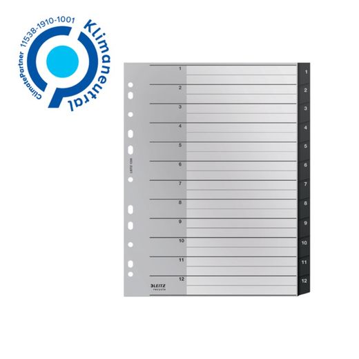 Leitz Recycle multidrill-index. DIN A4 max. Tabbladen 1-12. Gerecycled PP, klimaatneutraal en 100% recyclebaar, zwart
