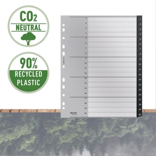 Leitz Recycle multidrill index. DIN A4 max. Tabs 1-20. Recycled PP, climate neutral and 100% recyclable, black