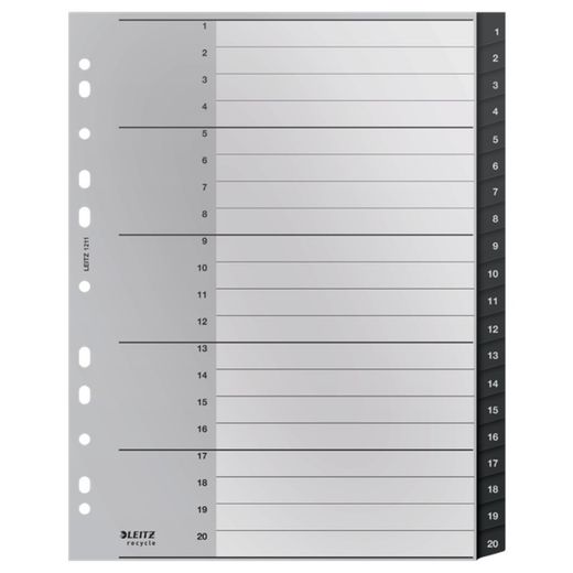 Leitz Recycle multidrill index. DIN A4 max. Tabs 1-20. Recycled PP, climate neutral and 100% recyclable, black