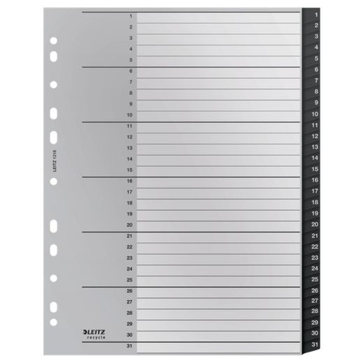 Leitz Recycle multidrill index. DIN A4 max. Tabs 1-31. Recycled PP, climate neutral and 100% recyclable, black