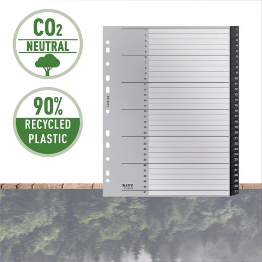 Leitz Recycle multidrill index. DIN A4 max. Tabs 1-31. Recycled PP, climate neutral and 100% recyclable, black