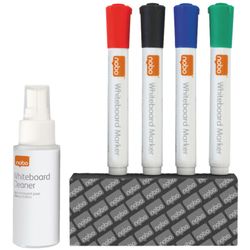 Kit inicio para pizarra NOBO ( 4 rotuladores para pizarra, borrador para pizarra y spray limpiador para pizarra) - presentación en blíster
