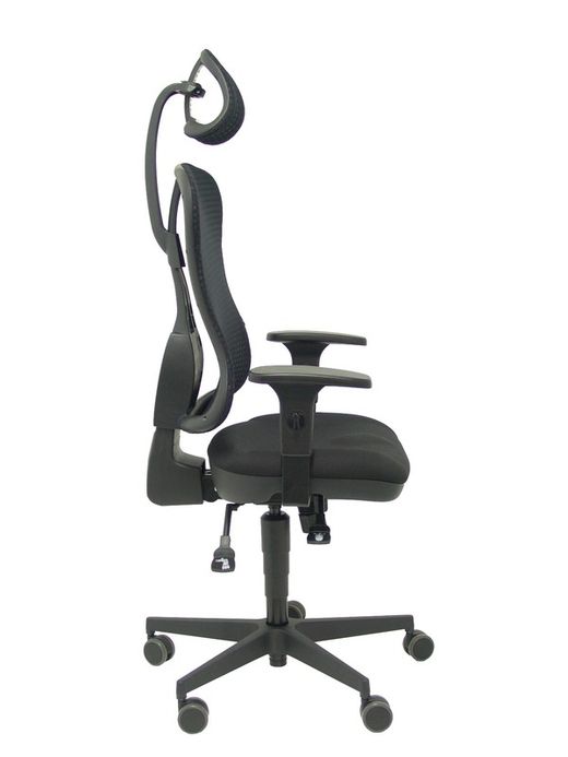 Modelo Agudo sincro - Silla de oficina ergonómica con cabecero, mecanismo sincro, brazos regulables - Respaldo de malla transpirable en color negro y asiento tapizados en tela color negro.