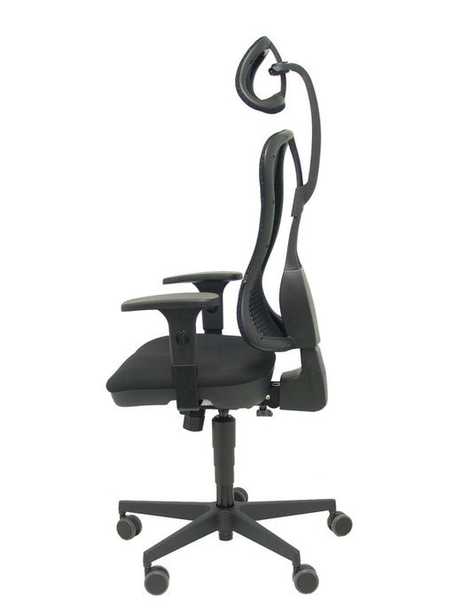 Modelo Agudo sincro - Silla de oficina ergonómica con cabecero, mecanismo sincro, brazos regulables - Respaldo de malla transpirable en color negro y asiento tapizados en tela color negro.
