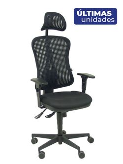Modelo Agudo sincro - Silla de oficina ergonómica con cabecero, mecanismo sincro, brazos regulables - Respaldo de malla transpirable en color negro y asiento tapizados en tela color negro.