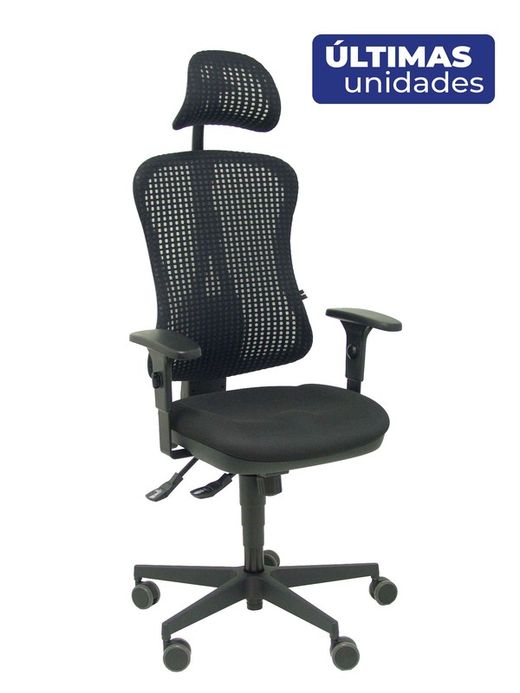Modelo Agudo sincro - Silla de oficina ergonómica con cabecero, mecanismo sincro, brazos regulables - Respaldo de malla transpirable en color negro y asiento tapizados en tela color negro.