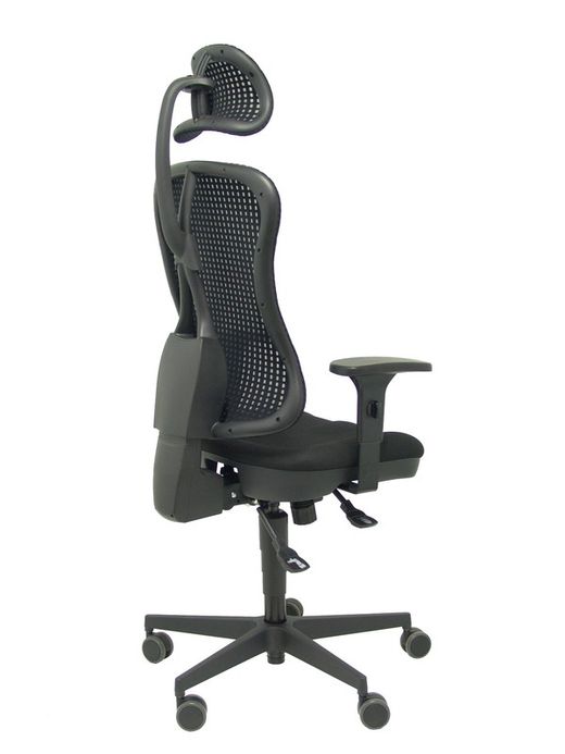 Modelo Agudo sincro - Silla de oficina ergonómica con cabecero, mecanismo sincro, brazos regulables - Respaldo de malla transpirable en color negro y asiento tapizados en tela color negro.