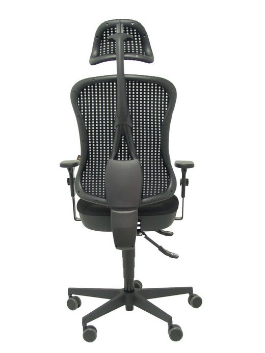 Modelo Agudo sincro - Silla de oficina ergonómica con cabecero, mecanismo sincro, brazos regulables - Respaldo de malla transpirable en color negro y asiento tapizados en tela color negro.