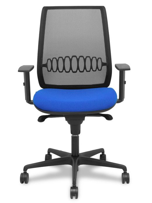 Modelo Alares - Silla de oficina ergonómica con mecanismo sincro, brazos regulables y ajustable en altura - Respaldo de malla transpirable en color negro y asiento tapizados en tejido BALI color azul.