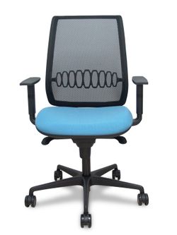 Modelo Alares - Silla de oficina ergonómica con mecanismo sincro, brazos regulables y ajustable en altura - Respaldo de malla transpirable en color negro y asiento tapizados en tejido BALI color azul cielo.