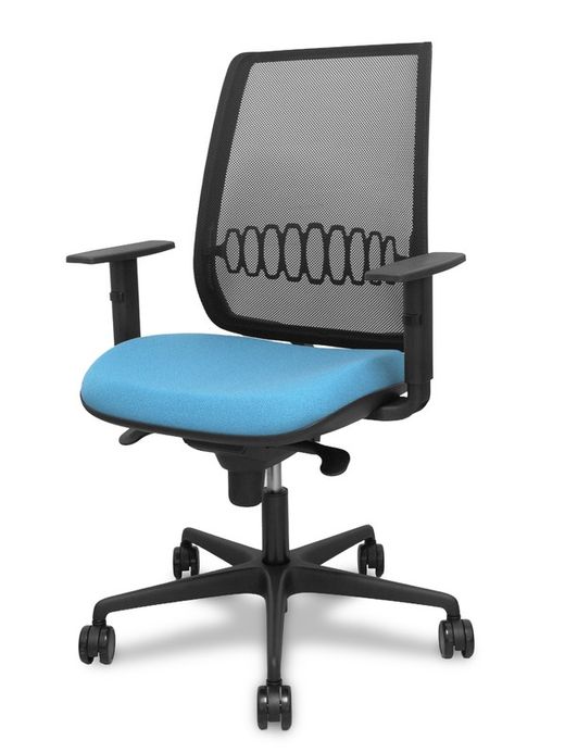 Modelo Alares - Silla de oficina ergonómica con mecanismo sincro, brazos regulables y ajustable en altura - Respaldo de malla transpirable en color negro y asiento tapizados en tejido BALI color azul cielo.