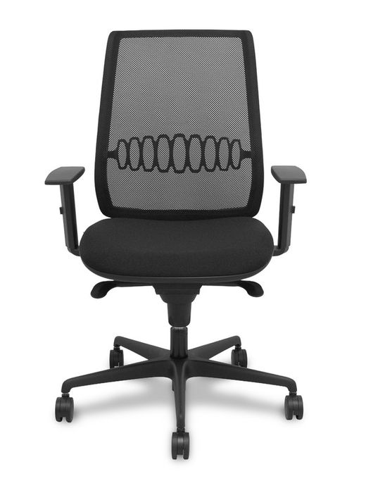 Modelo Alares - Silla de oficina ergonómica con mecanismo sincro, brazos regulables y ajustable en altura - Respaldo de malla transpirable en color negro y asiento tapizados en tejido BALI color negro