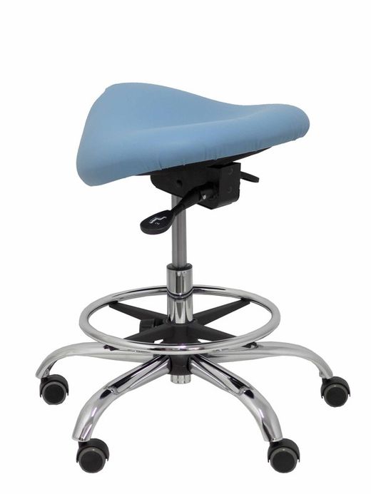 Modelo Alatoz. Taburete clínico giratorio y ergonómico con asiento anatómico y regulable en altura (aro reposapiés cromado INCLUIDO)  Asiento tapizado en similpiel color azul claro (FÁCIL DE LIMPIAR)