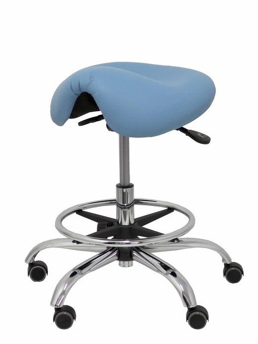 Modelo Alatoz. Taburete clínico giratorio y ergonómico con asiento anatómico y regulable en altura (aro reposapiés cromado INCLUIDO)  Asiento tapizado en similpiel color azul claro (FÁCIL DE LIMPIAR)