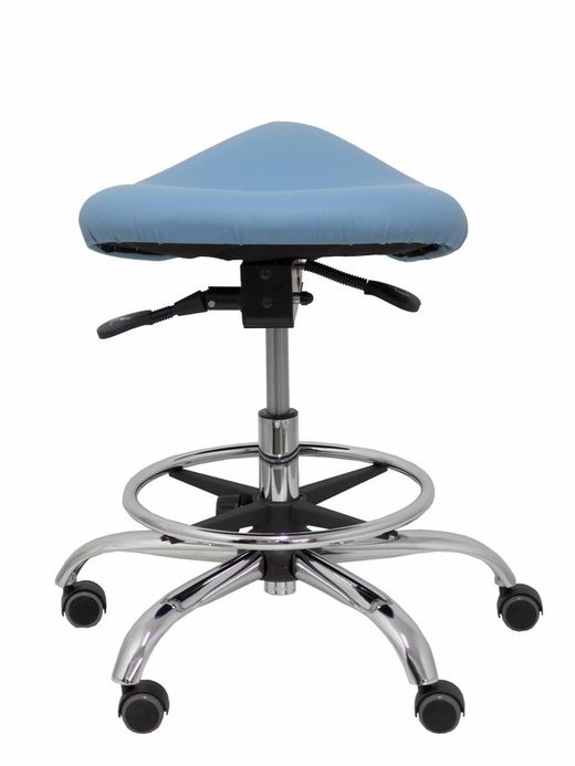 Modelo Alatoz. Taburete clínico giratorio y ergonómico con asiento anatómico y regulable en altura (aro reposapiés cromado INCLUIDO)  Asiento tapizado en similpiel color azul claro (FÁCIL DE LIMPIAR)