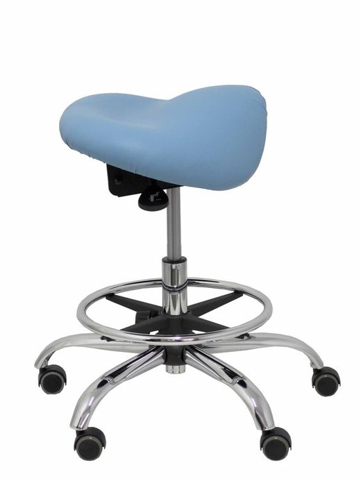 Modelo Alatoz. Taburete clínico giratorio y ergonómico con asiento anatómico y regulable en altura (aro reposapiés cromado INCLUIDO)  Asiento tapizado en similpiel color azul claro (FÁCIL DE LIMPIAR)