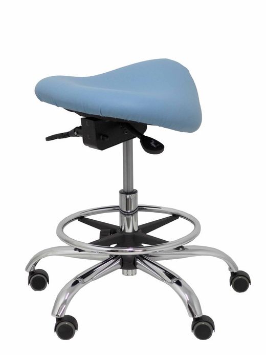 Modelo Alatoz. Taburete clínico giratorio y ergonómico con asiento anatómico y regulable en altura (aro reposapiés cromado INCLUIDO)  Asiento tapizado en similpiel color azul claro (FÁCIL DE LIMPIAR)