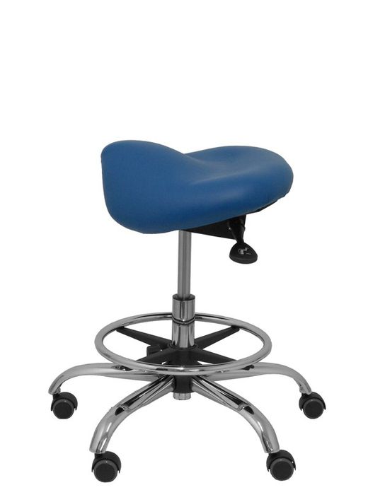 Modelo Alatoz. Taburete clínico giratorio y ergonómico con asiento anatómico y regulable en altura (aro reposapiés cromado INCLUIDO)  Asiento tapizado en similpiel color azul (FÁCIL DE LIMPIAR)