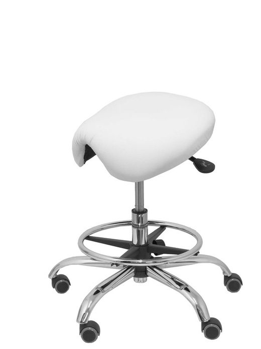 Modelo Alatoz. Taburete clínico giratorio y ergonómico con asiento anatómico y regulable en altura (aro reposapiés cromado INCLUIDO). Asiento tapizado en similpiel color blanco (FÁCIL DE LIMPIAR)