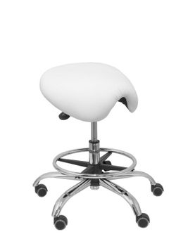Modelo Alatoz. Taburete clínico giratorio y ergonómico con asiento anatómico y regulable en altura (aro reposapiés cromado INCLUIDO). Asiento tapizado en similpiel color blanco (FÁCIL DE LIMPIAR)