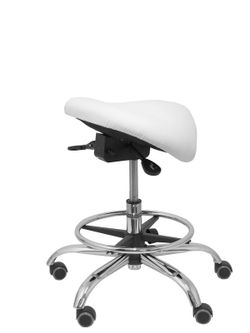 Modelo Alatoz. Taburete clínico giratorio y ergonómico con asiento anatómico y regulable en altura (aro reposapiés cromado INCLUIDO). Asiento tapizado en similpiel color blanco (FÁCIL DE LIMPIAR)