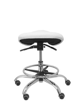 Modelo Alatoz. Taburete clínico giratorio y ergonómico con asiento anatómico y regulable en altura (aro reposapiés cromado INCLUIDO). Asiento tapizado en similpiel color blanco (FÁCIL DE LIMPIAR)