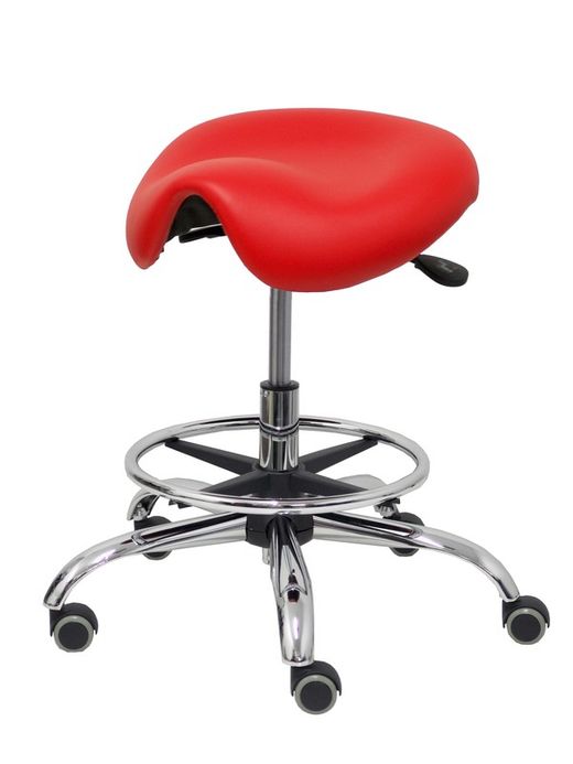 Modelo Alatoz. Taburete clínico giratorio y ergonómico con asiento anatómico y regulable en altura (aro reposapiés cromado INCLUIDO). Asiento tapizado en similpiel color rojo (FÁCIL DE LIMPIAR)