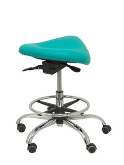 Modelo Alatoz. Taburete clínico giratorio y ergonómico con asiento anatómico y regulable en altura (aro reposapiés cromado INCLUIDO)  Asiento tapizado en similpiel color verde (FÁCIL DE LIMPIAR)