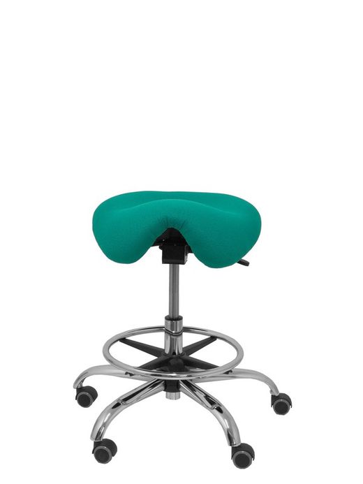 Modelo Alatoz. Taburete clínico giratorio y ergonómico con asiento anatómico y regulable en altura (aro reposapiés cromado INCLUIDO). Asiento tapizado en tejido BALI color turquesa.