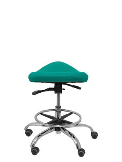 Modelo Alatoz. Taburete clínico giratorio y ergonómico con asiento anatómico y regulable en altura (aro reposapiés cromado INCLUIDO). Asiento tapizado en tejido BALI color turquesa.