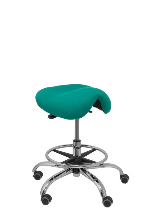 Modelo Alatoz. Taburete clínico giratorio y ergonómico con asiento anatómico y regulable en altura (aro reposapiés cromado INCLUIDO). Asiento tapizado en tejido BALI color turquesa.