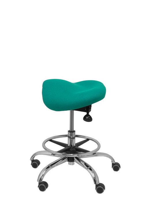Modelo Alatoz. Taburete clínico giratorio y ergonómico con asiento anatómico y regulable en altura (aro reposapiés cromado INCLUIDO). Asiento tapizado en tejido BALI color turquesa.