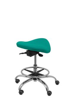 Modelo Alatoz. Taburete clínico giratorio y ergonómico con asiento anatómico y regulable en altura (aro reposapiés cromado INCLUIDO). Asiento tapizado en tejido BALI color turquesa.