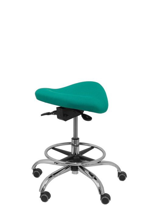 Modelo Alatoz. Taburete clínico giratorio y ergonómico con asiento anatómico y regulable en altura (aro reposapiés cromado INCLUIDO). Asiento tapizado en tejido BALI color turquesa.