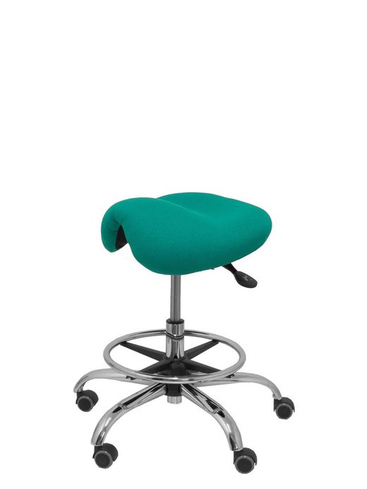 Modelo Alatoz. Taburete clínico giratorio y ergonómico con asiento anatómico y regulable en altura (aro reposapiés cromado INCLUIDO). Asiento tapizado en tejido BALI color turquesa.
