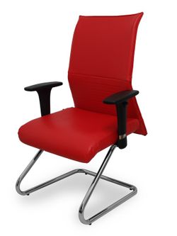 Modelo Albacete confidente patín. Sillón confidente ergonómico para visitas, con patín cromado. Asiento y respaldo tapizados en similpiel color rojo. Brazos regulables