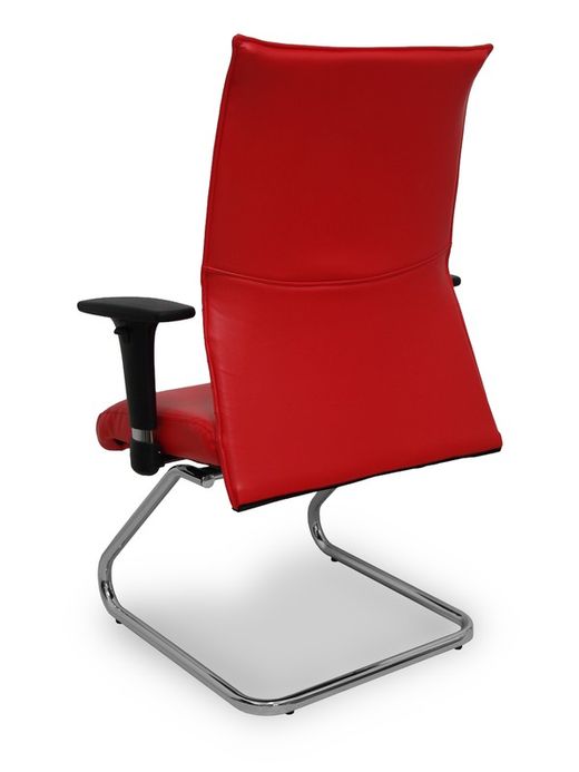 Modelo Albacete confidente patín. Sillón confidente ergonómico para visitas, con patín cromado. Asiento y respaldo tapizados en similpiel color rojo. Brazos regulables
